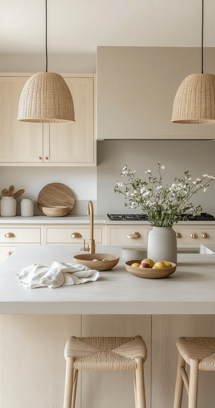 Houten Keuken met Betonlook: De Perfecte Combinatie van Warmte en Stoerheid Contemporary Dutch kitchen with bleached pine cabinets and a light concrete island, featuring brass fixtures and Scandinavian-style design, styled with linen towels, seasonal fruit, and fresh flowers, captured at bar stool height.