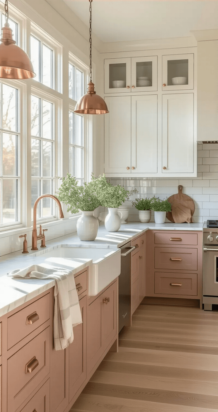 De Roze Keuken: Waarom Deze Trendy Kleur Je Thuis Compleet Transformeert A contemporary Dutch kitchen featuring warm dusty rose lower cabinets and crisp white upper cabinets, illuminated by mid-morning golden hour light from large windows, with Carrara marble countertops, light oak hardwood flooring, and warm Edison bulb pendant lighting over a large island, complemented by a white subway tile backsplash and fresh eucalyptus in ceramic vases.
