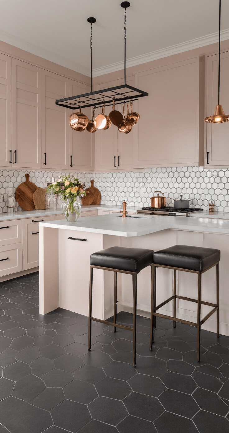 De Roze Keuken: Waarom Deze Trendy Kleur Je Thuis Compleet Transformeert Een verfijnd blushroze keuken eiland als statementstuk omringd door warme grijze kasten, met een gepolijst wit kwarts watervalblad, donkere charcoal hexagonale vloertegels, glanzende kastafwerking die omgevingslicht weerspiegelt, zwarte matte hardware en armaturen, geometrische backsplash in wit en grijs, koperen kookgerei hangend aan een plafondrek, marmeren snijplanken verticaal opgesteld, verse bloemen in heldere glazen vazen, drie zwarte leren barstoelen, gefotografeerd vanuit het eetgedeelte met natuurlijk raamlicht en pendantverlichting die een moderne luxe sfeer creëren.