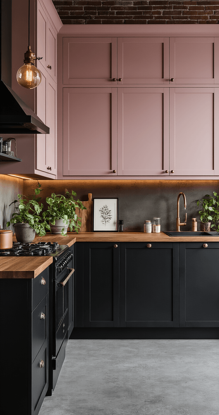 De Roze Keuken: Waarom Deze Trendy Kleur Je Thuis Compleet Transformeert Dramatische combinatie van zwart en roze keuken met rozenhouten bovenkasten en diepzwarte onderkasten, sfeervolle avondverlichting, dikke walnoothouten aanrechtbladen, industriële betonvloeren met subtiele textuur, matte kastafwerkingen met contrasterende zwarte hardware, blootgestelde bakstenen muur, koperen hanglampen met Edison-lampen, vintage-inspiratie apparatuur in zwart, botanische prints in zwarte lijsten, hangende pothosplanten op open planken, verouderde messing armaturen, camera op lage hoek die kleurcontrast van de kasten benadrukt, warme werkverlichting creëert intieme, verfijnde sfeer met industriële rand.