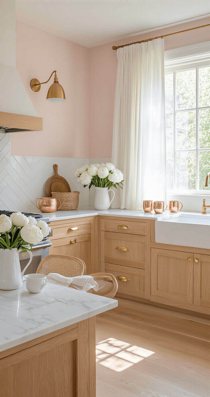 De Roze Keuken: Waarom Deze Trendy Kleur Je Thuis Compleet Transformeert Moderne keuken met een zacht poederroze accentmuur en lichte eiken houten kasten, wit marmeren aanrecht met gouden aders, brede plankhouten vloeren in honingkleur, brass handgrepen, en verse witte pioenrozen in keramische kannen, alles verlicht door een overvloed aan natuurlijk licht.