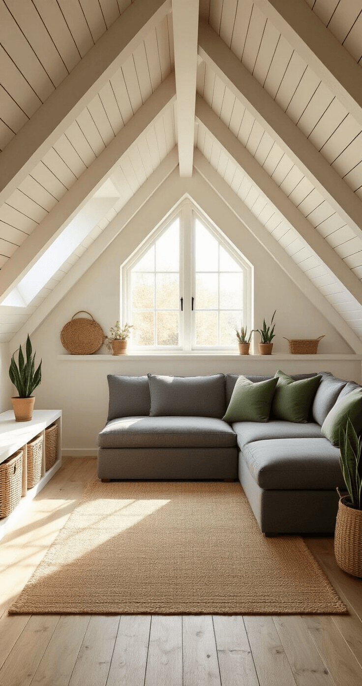 Kleine zolderruimte inrichten: Van vergeten hoekje naar droomkamer Photorealistic image of a cozy Dutch attic room with steeply angled ceiling, featuring golden afternoon sunlight through a dormer window, white wooden beams, charcoal gray sectional sofa, natural jute rug, rattan storage baskets, floating shelves, sage green pillows, and potted snake plants, all on warm oak floorboards.