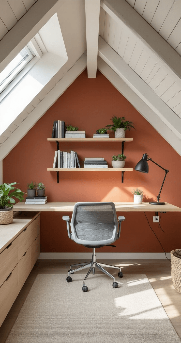Kleine zolderruimte inrichten: Van vergeten hoekje naar droomkamer Professional interior photograph of a Dutch attic office space featuring a 3x5 meter slanted ceiling, bathed in morning light from a skylight. The image shows a wall-mounted fold-down desk in white oak, an ergonomic gray mesh chair, floating shelves with books and plants, and organized cable management. A soft beige wool carpet runner complements the matte black metal desk lamp, while a small succulent collection adorns ceramic planters. Exposed white-painted rafters and light gray walls, with one warm terracotta accent wall, enhance the modern Scandinavian atmosphere.