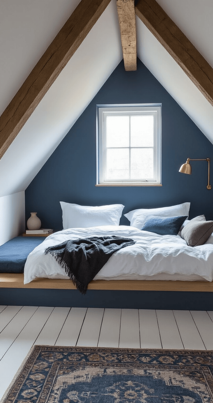 Kleine zolderruimte inrichten: Van vergeten hoekje naar droomkamer Intimate Dutch attic bedroom with sloped ceiling, featuring a low platform bed with white organic cotton bedding, a reading nook under a window, brass wall sconce, vintage Persian rug, and exposed wooden beams, all illuminated by evening blue hour light.