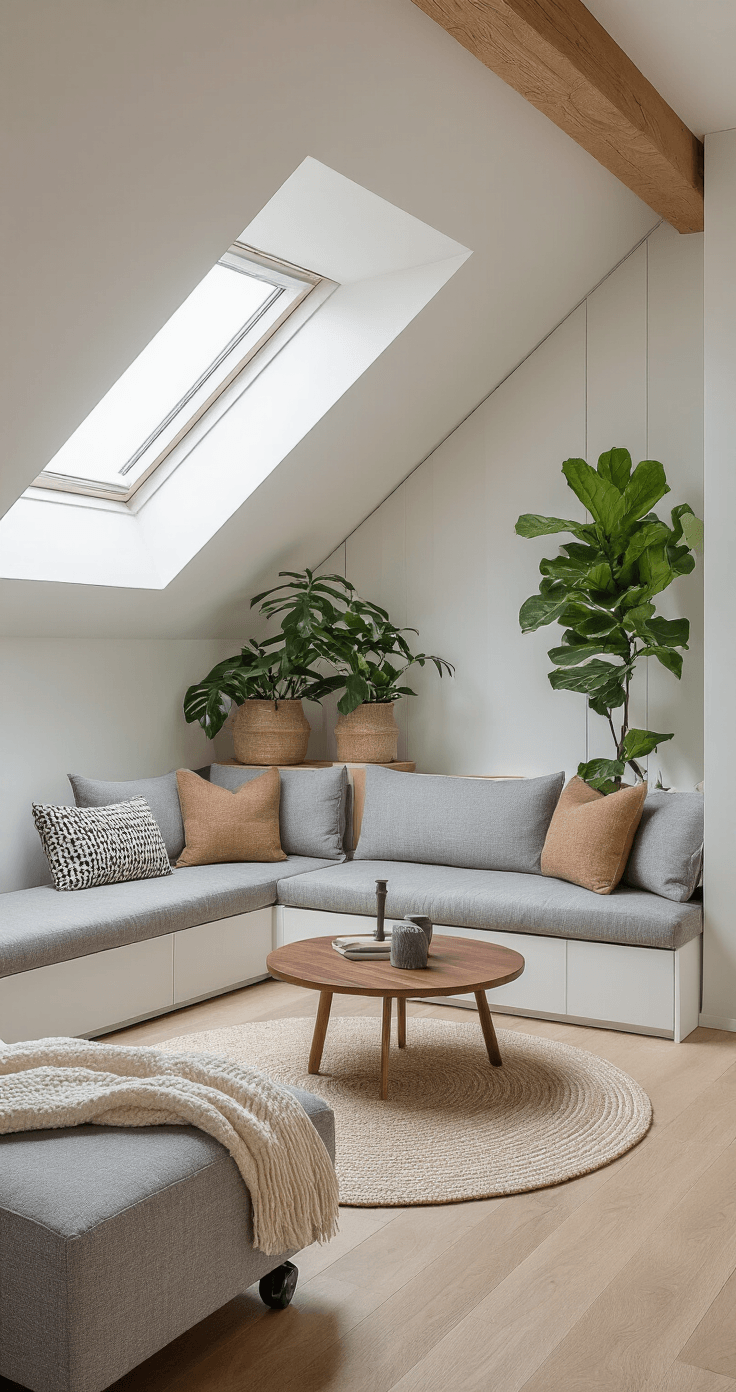 Kleine zolderruimte inrichten: Van vergeten hoekje naar droomkamer Contemporary Dutch attic living space featuring a multifunctional design with asymmetrical ceiling angles, bright midday light from a large dormer window, modular gray seating that converts to a guest bed, a round walnut coffee table on wheels, and floor-to-ceiling white storage. The room is adorned with indoor plants, a cream wool throw, and earth-toned cushions, set against light oak flooring and white walls with natural wood beams.