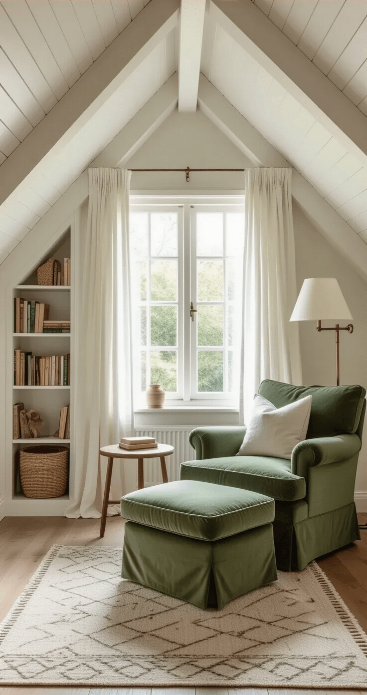 Kleine zolderruimte inrichten: Van vergeten hoekje naar droomkamer A cozy Dutch attic reading nook featuring a sage green velvet armchair and ottoman by a window with white linen curtains, a tall narrow bookshelf under the eaves, a vintage brass floor lamp, a reclaimed wood side table, and a handwoven basket for books. The space is adorned with a neutral kilim rug, warm off-white walls, and white-painted exposed ceiling beams, all bathed in soft morning light for a tranquil atmosphere.