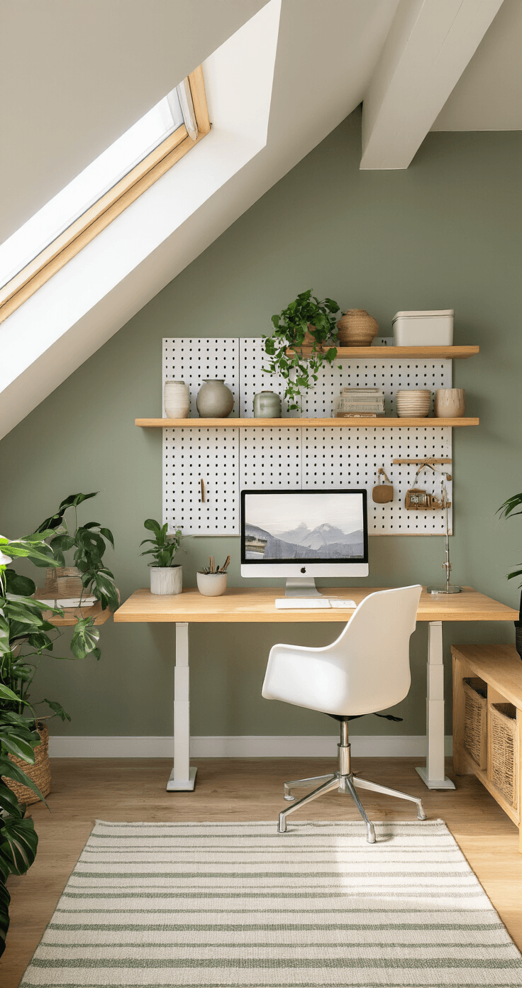 Kleine zolderruimte inrichten: Van vergeten hoekje naar droomkamer Stylish Dutch attic workspace featuring a height-adjustable bamboo desk, white task chair, sage green pegboard wall, corner floating shelves with ceramics, indoor plants, and a reclaimed wood accent wall, illuminated by warm afternoon light from a west-facing window.