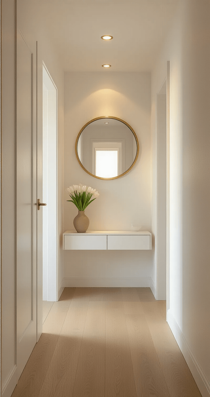 Kleine Gang Aantrekkelijk Maken: Van Saaie Doorgang naar Stijlvolle Ontvangsthal Wide-angle view of a narrow Dutch hallway with white walls and ceiling, illuminated by soft natural light from a frosted glass door. A white floating console table displays a ceramic vase with white tulips, while a large circular brass-framed mirror enhances the brightness and depth. Pale oak laminate flooring adds to the airy atmosphere.