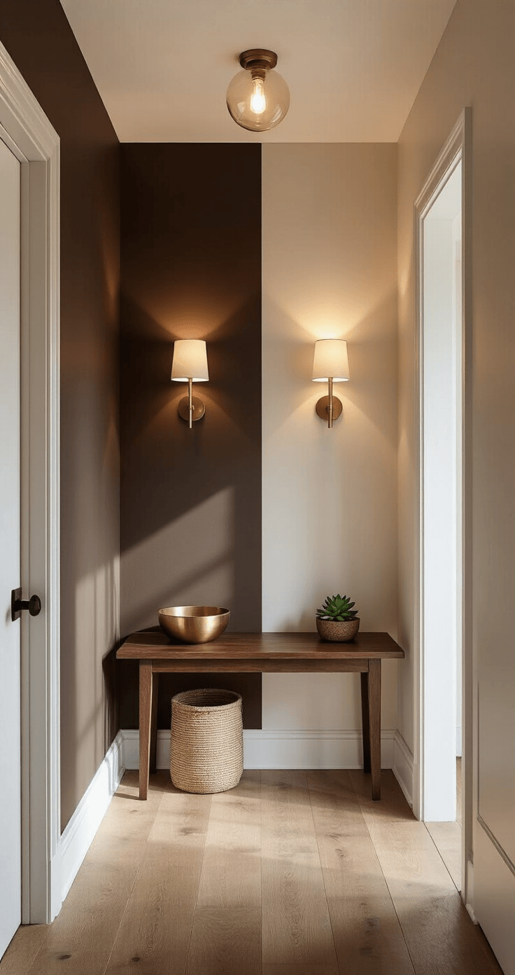 Kleine Gang Aantrekkelijk Maken: Van Saaie Doorgang naar Stijlvolle Ontvangsthal Intieme transformatie van een kleine entree, met links een krappe ruimte met donkere bruinwanden en harde schaduwen, en rechts een lichtere uitstraling met warme gebroken witte kleur en LED-wandlampen die een gezellige sfeer creëren.