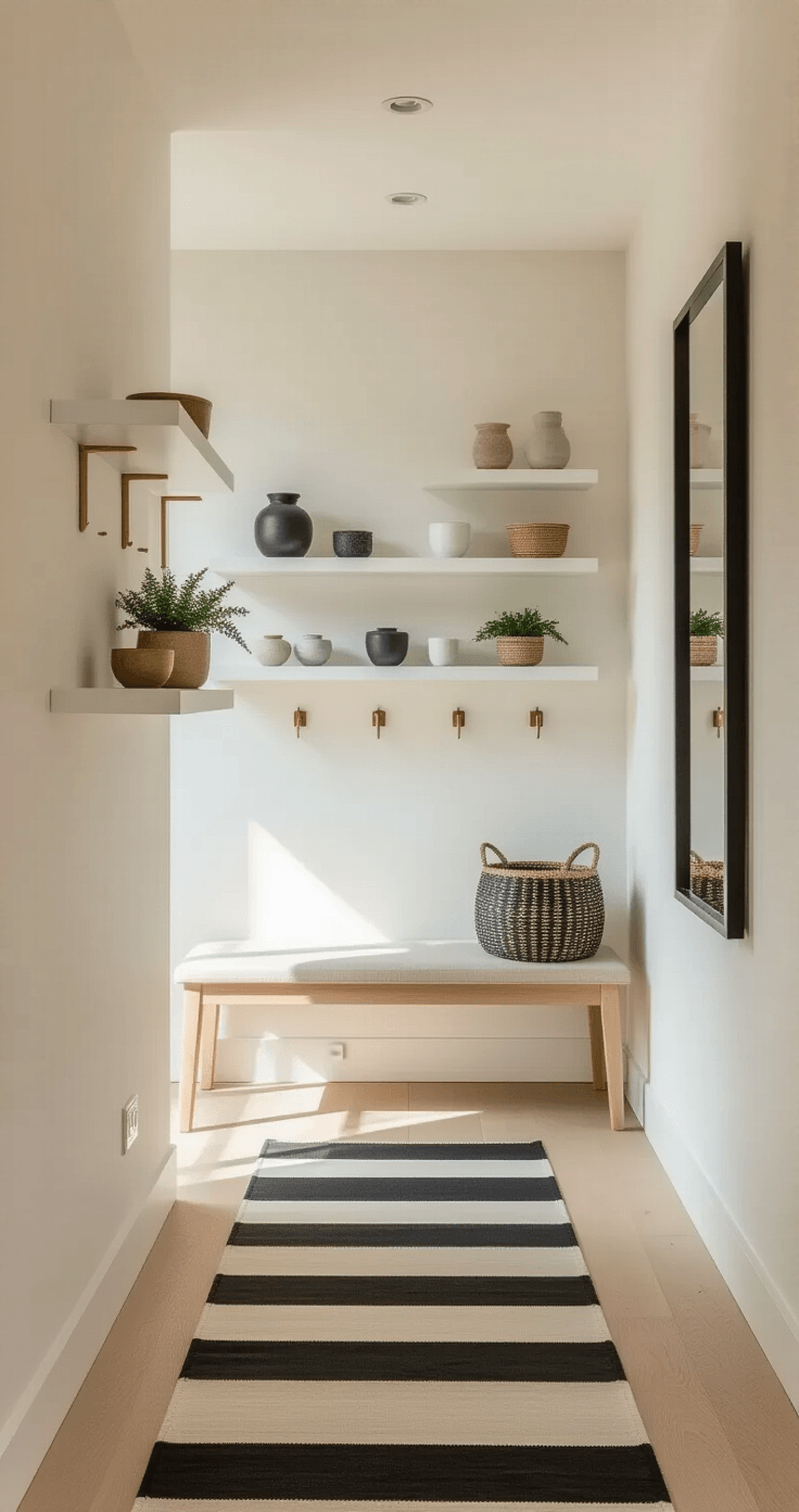 Kleine Gang Aantrekkelijk Maken: Van Saaie Doorgang naar Stijlvolle Ontvangsthal Stijlvolle smalle gang met slimme opbergoplossingen, waaronder witte wandplanken, een eiken bank met verborgen opbergruimte en moderne messing jashaken, verlicht door natuurlijk ochtendlicht.