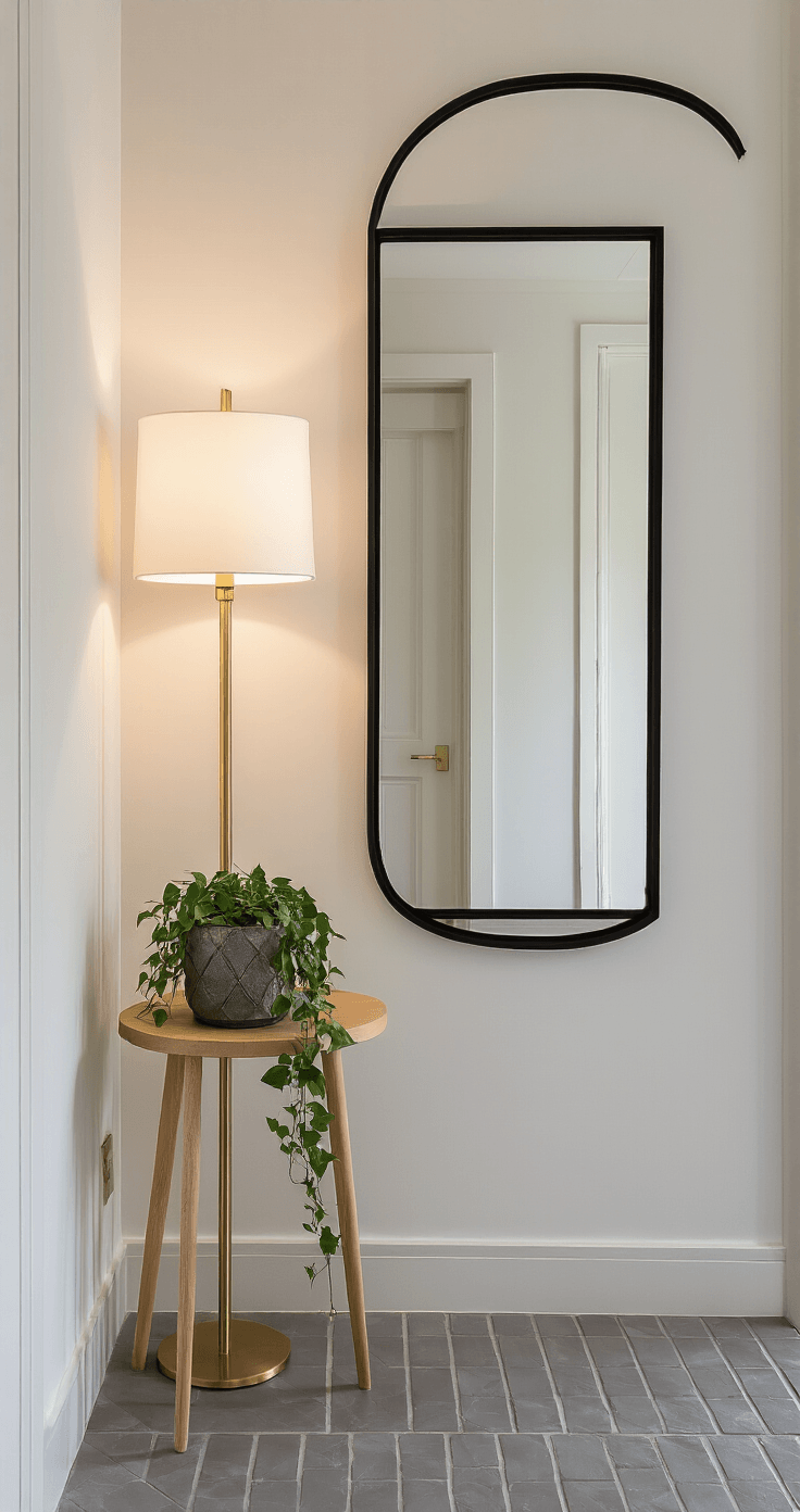 Kleine Gang Aantrekkelijk Maken: Van Saaie Doorgang naar Stijlvolle Ontvangsthal Elegant kleine entree met verticale accentelementen, gefotografeerd in zacht avondlicht. Warme witte muren vormen de achtergrond voor een smal kunstwerk in zwart frame. Een slanke messing vloerlamp met witte kap staat in de hoek. Een ronde bijzettafel in natuurlijk eiken houdt een geometrische plantenpot met hangende klimop. Lichte grijze tegels in een horizontaal metselverband vergroten de diepte. Een grote ovale spiegel tegenover het kunstwerk creëert een eindeloze reflectie.