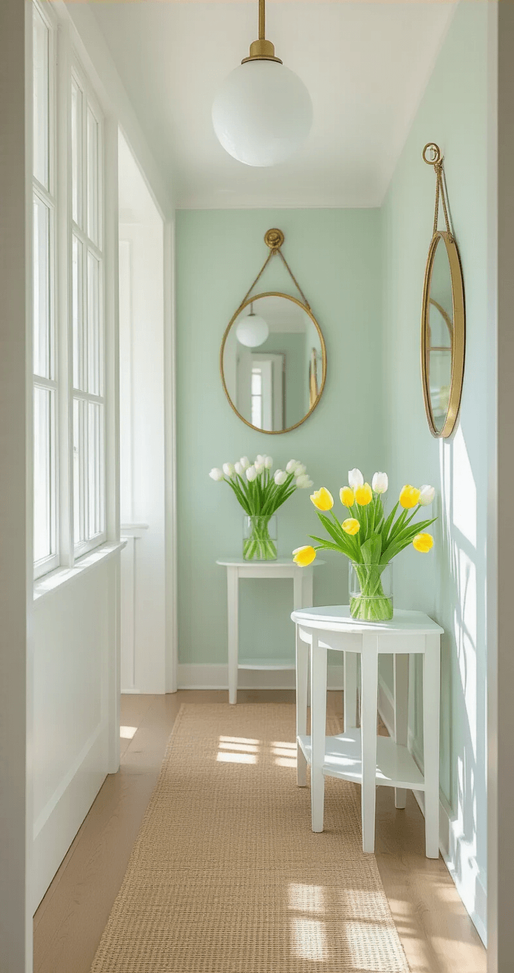 Kleine Gang Aantrekkelijk Maken: Van Saaie Doorgang naar Stijlvolle Ontvangsthal Charmante smalle gang met lentetouches, helder middags licht dat door glazen panelen filtert, witte muren, mintgroene accentwand, witte consoletafel met tulpen, spiegels in messing lijsten, jute loper, moderne hanglamp.