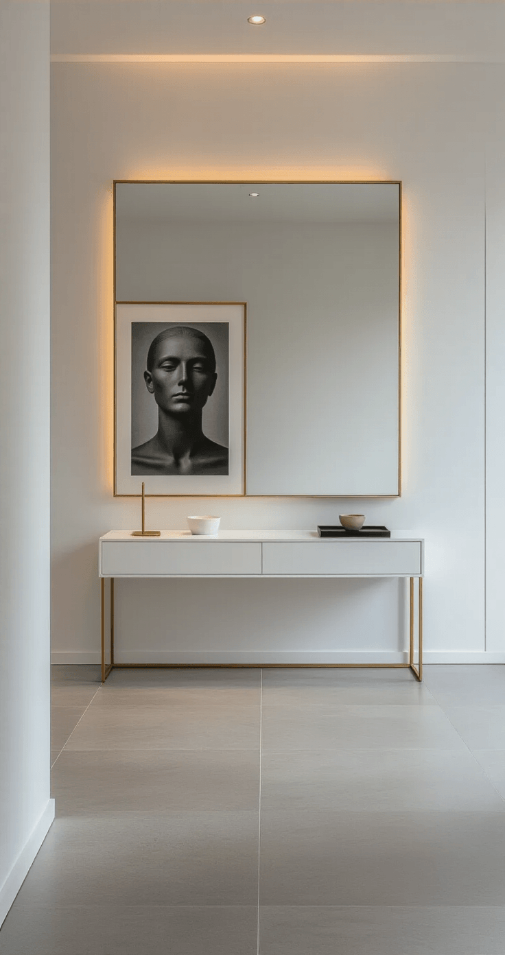 Kleine Gang Aantrekkelijk Maken: Van Saaie Doorgang naar Stijlvolle Ontvangsthal Minimalist Dutch hallway with expansive white walls, featuring a black and white photography print, ultra-narrow white lacquer console with brass letter holder and ceramic bowl, large rectangular mirror, and smooth light grey concrete-look tiles, captured during golden hour with dramatic side lighting.