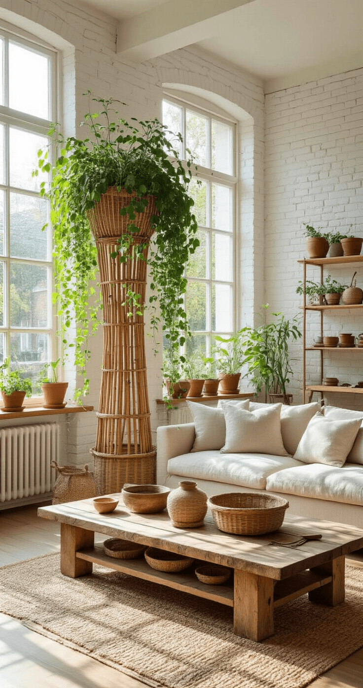 DIY Plantensteunen en Rekken: Zo Maak Je Zelf Perfecte Ondersteuning Voor Je Planten Modern Dutch living room featuring bamboo plant supports, spacious layout with whitewashed brick walls, large south-facing windows, a corner plant arrangement with towering bamboo structures, a weathered teak coffee table with jute binding materials, a linen sofa in warm tones, reclaimed wood shelves with terracotta pots, and decorative natural materials, all bathed in golden afternoon sunlight.