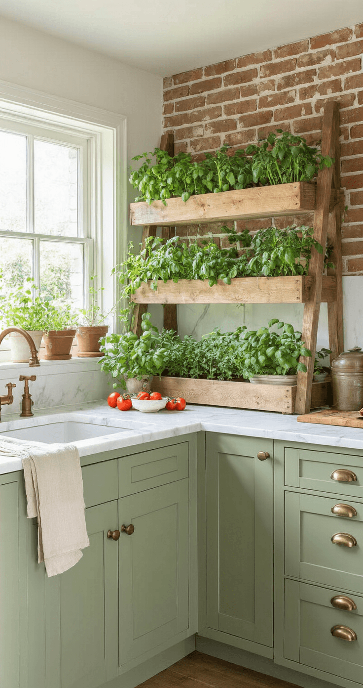 DIY Plantensteunen en Rekken: Zo Maak Je Zelf Perfecte Ondersteuning Voor Je Planten Bright Dutch kitchen featuring sage green Shaker cabinets and white marble countertops, showcasing a DIY wooden plant rack with thriving herbs and tomatoes, illuminated by morning light from a large east-facing window.