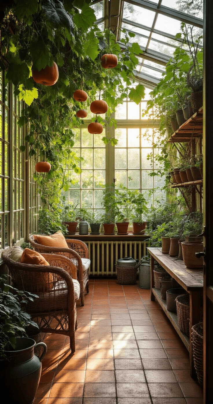 DIY Plantensteunen en Rekken: Zo Maak Je Zelf Perfecte Ondersteuning Voor Je Planten Cozy Dutch conservatory with vintage cast iron framework, terracotta tile flooring, and dramatic homemade plant supports, featuring a wooden rack for pumpkin vines and dahlias, wicker furniture in honey tones, and climbing jasmine against bamboo poles, all illuminated by golden hour sunlight.
