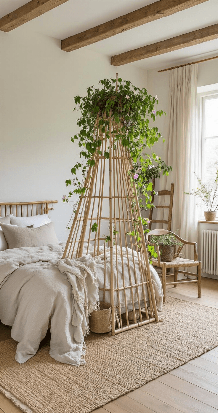 DIY Plantensteunen en Rekken: Zo Maak Je Zelf Perfecte Ondersteuning Voor Je Planten Dutch bedroom interior with exposed beams and oak flooring, featuring bamboo wigwam plant supports as a divider, flowering morning glories, linen bedding, vintage chair with tools, reclaimed wood nightstand, and soft natural light filtering through sheer curtains.