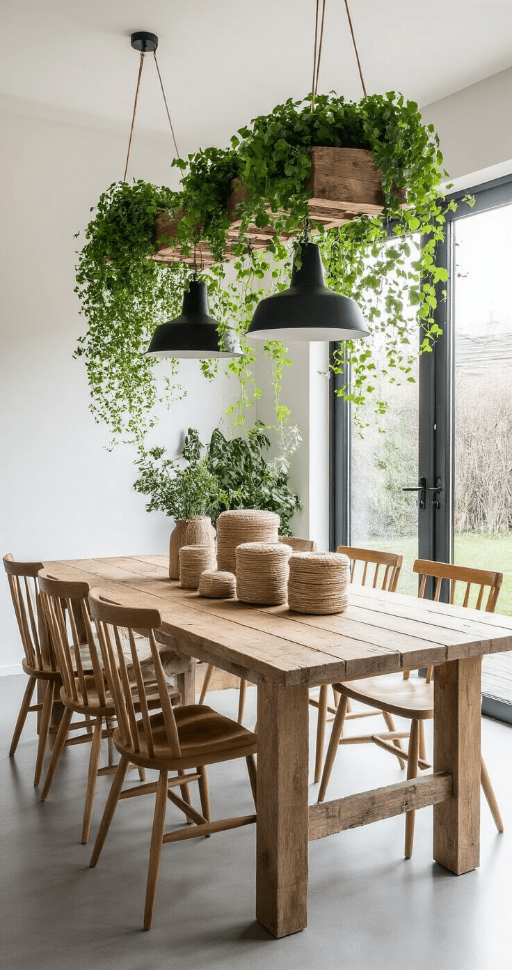 DIY Plantensteunen en Rekken: Zo Maak Je Zelf Perfecte Ondersteuning Voor Je Planten Modern Dutch dining room with polished concrete floors, featuring a centerpiece of a custom wooden plant rack made from salvaged timber, surrounded by a live oak dining table and Windsor chairs adorned with vintage binding materials. Tall dahlia plants and climbing beans create a living chandelier effect, illuminated by dramatic overhead lighting and Scandinavian-inspired pendant lights in matte black. The space is filled with warm grays, natural wood, and deep forest greens, creating an intimate atmosphere.