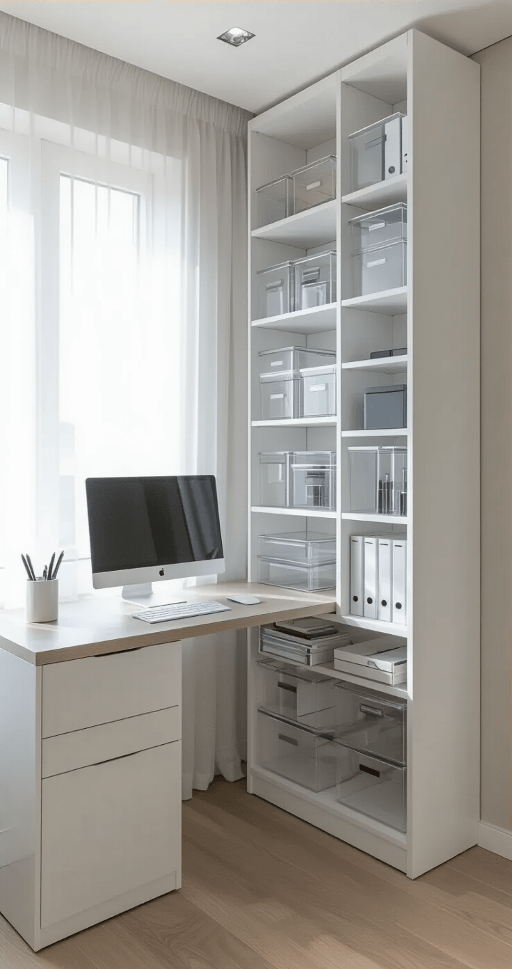 Kleine Kantoorruimte Efficiënt Inrichten: Van Chaos naar Productiviteit Fotorealistisch beeld van een kleine hoek kantoor met vloer-tot-plafond verticale opbergoplossingen, gevuld metmiddaglicht door sheer witte gordijnen. Een smalle boekenkast in wit gelakt hout en modulaire opslagdozen in doorzichtig acryl zijn netjes geordend. Een compact zwevend bureau in lichtgrijs ondersteunt een moderne monitor. Magnetische wandorganizers houden pennen en kantoorbenodigdheden vast. Kleurenpalet van scherpe wittinten, zachte grijstinten en natuurlijke houten accenten. Camera hoek legt de verticale nadruk vast vanuit een lage positie.