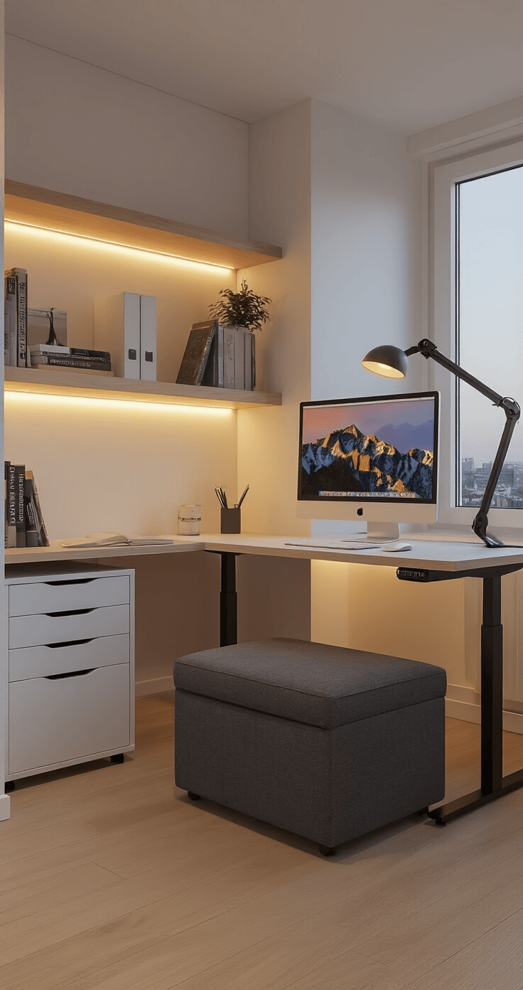 Kleine Kantoorruimte Efficiënt Inrichten: Van Chaos naar Productiviteit Fotorealistische weergave van een compacte thuiskantoorinrichting met multifunctionele meubels in warme avondverlichting. Centraal een ottoman met verborgen opbergruimte in charcoal grijs, naast een hoogtes verstelbaar bureau met een glanzend wit oppervlak. Mobiele archiefkast op zwarte zwenkwielen fungeert als bijzettafel, terwijl een wandgemonteerde opklapbare desk extensie in natuurlijk eiken extra werkruimte biedt. Warme LED-stripverlichting onder zwevende planken creëert een gezellige sfeer, terwijl een grote rechthoekige spiegel op de tegenoverliggende muur diepte en lichtreflectie toevoegt.
