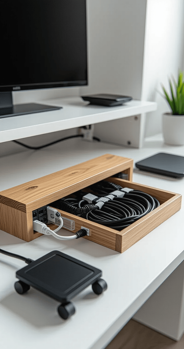 Kleine Kantoorruimte Efficiënt Inrichten: Van Chaos naar Productiviteit Fotorealistische close-up van een georganiseerd kabelbeheersysteem in een moderne kleine kantooropstelling, met een witte bureaublad en een houten kabelmanagementtray eronder, mooi gebundelde zwarte en witte kabels met velcro-strips, een mobiele stekkerdoos onder het bureau en doorzichtige adhesieve kabelclips langs de rand van het bureau.