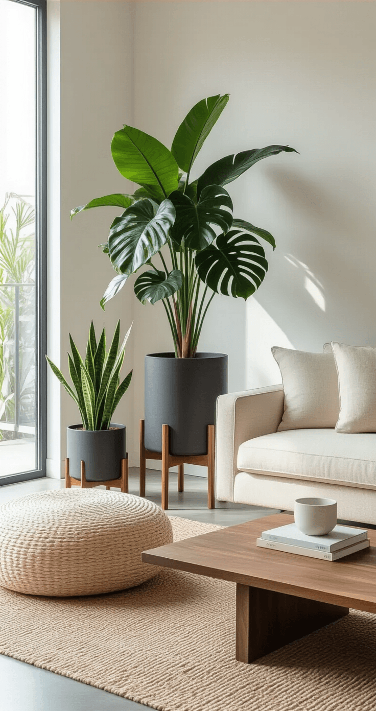 Bloempotten stylen en combineren: Jouw complete gids voor een stijlvolle plantenhoek Wide-angle interieurshot van een moderne woonkamerhoek met een opvallende drie-laags plantenarrangement. Een hoge monstera deliciosa in een matte zwarte cilindrische pot staat op een mid-century walnoot houten plantstand achter een crème linnen sectional bank. Een middelhoge sanseveria in een charcoal keramieken pot is geplaatst op een natuurlijk jute vloerkussen. Lage pothos met hangende bladeren uit een witte geometrische planter op een hergebruikt houten salontafel. Zacht ochtendlicht stroomt door grote ramen en creëert zachte schaduwen. Gepolierde betonvloeren met warme ondertonen en een neutraal kleurenpalet van wit, charcoal grijs en natuurlijke houttinten. Opname vanuit een laag perspectief met 35mm-lens om hoogteverschillen en ruimtelijke diepte te benadrukken.