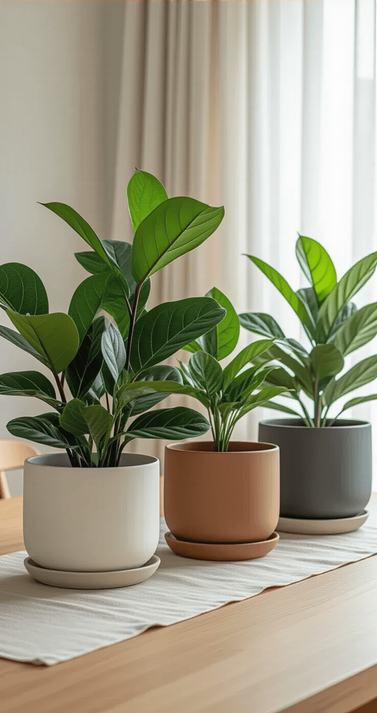 Bloempotten stylen en combineren: Jouw complete gids voor een stijlvolle plantenhoek Close-up van een minimalistisch Scandinavisch eetgedeelte met grote decoratieve plantenpotten in neutrale tinten, waaronder matte wit, warm terracotta en diep charcoal. De potten bevatten weelderige groene planten zoals de fiddle leaf fig en rubberboom. Een natuurlijke eiken tafel is gedeeltelijk zichtbaar, met een textuur linnen tafelrunner in havermoutkleur. Zacht diffuus licht valt door sheer witte gordijnen, op een lichte eiken vloer met subtiele nerfpatronen. De afbeelding benadrukt organische vormen en strakke lijnen.