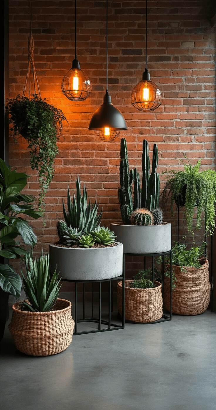 Bloempotten stylen en combineren: Jouw complete gids voor een stijlvolle plantenhoek Industriële woonruimte met een plantenhoek, betonnen plantenbakken en geometrische metalen standaards, blootgesteld baksteen en warme verlichting.