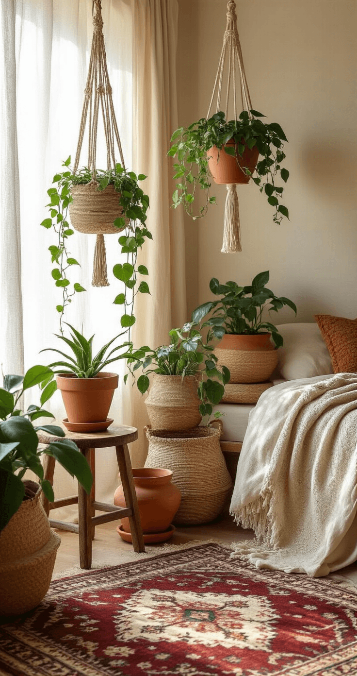 Bloempotten stylen en combineren: Jouw complete gids voor een stijlvolle plantenhoek Intiem ochtendscène in een boheemse slaapkamerhoek met organische plantstyling, terracotta potten op een vintage Perzisch tapijt, gevlochten zeegroene manden met hangplanten, macramé plantenhangers, weathered houten kruk en zachte ochtendlicht door gaasgordijnen, met een aardse kleurenpalet.