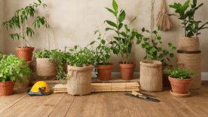 DIY Plantensteunen en Rekken: Zo Maak Je Zelf Perfecte Ondersteuning Voor Je Planten Ambachtelijke werkruimte met bamboestokken en jute bindtouw, handgereedschap op teakhout, terracotta potten met klimplanten, zachte morgenverlichting en natuurlijke texturen in aardse kleuren.