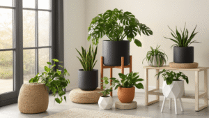 Bloempotten stylen en combineren: Jouw complete gids voor een stijlvolle plantenhoek Gestylde bloempotten op verschillende hoogtes met monstera, sanseveria en pothos, verlicht door zacht ochtendlicht, op een moderne achterlatend betonvloer.