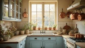 Een Brocante Keuken Inrichten: Van Rommelmarkt-Vondsten naar Romantische Droomkeuken Een warme brocante keuken met gouden ochtendlicht, verouderde crèmekleurige bovenkasten, poederblauwe onderkasten, koperen pannen, vintage glazen potten met kruiden, mismatched pastelkleurig porselein en geëmailleerde borden, allemaal in een romantische en organische sfeer.