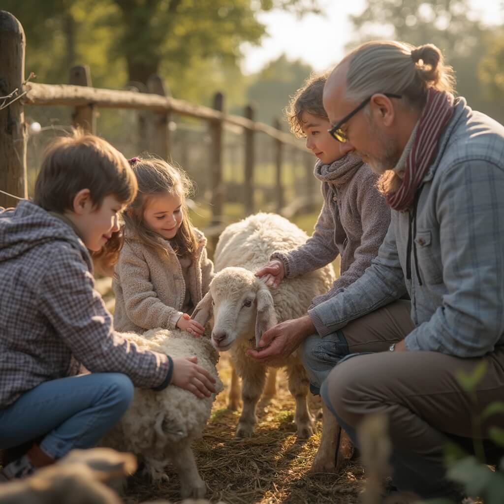 Waarom Deze 50 Jaar Oude Kinderboerderij de Goudse Hofsteden Nog Steeds Families Verrast Multi-generational family interacting with friendly farm animals at Kinderboerderij de Goudse Hofsteden in Gouda, featuring children petting rabbits and goats, surrounded by rustic wooden fences and a peaceful rural setting with warm natural lighting.