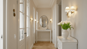 Kleine Gang Aantrekkelijk Maken: Van Saaie Doorgang naar Stijlvolle Ontvangsthal Elegante smalle gang met warme gebroken witte muren, een grote ovale messing spiegel, een slanke witte zwevende consoletafel met witte tulpen, en LED wandlampen die zachte schaduwen werpen, gefotografeerd in het gouden uur.