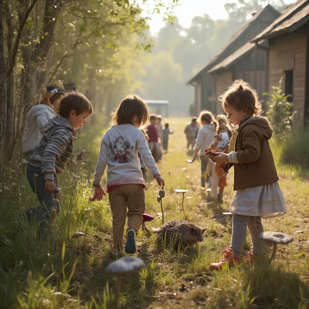 Waarom Deze 50 Jaar Oude Kinderboerderij de Goudse Hofsteden Nog Steeds Families Verrast Kinderen deelnemen aan seizoensgebonden buitenactiviteiten op de boerderij, waaronder de Paddenstoelentocht en Egelroute, terwijl volwassenen praktische workshops faciliteren. De scène toont een natuurlijke klaslokaal sfeer met houten borden en educatieve stations die spel en leren combineren, verlicht door fel daglicht.