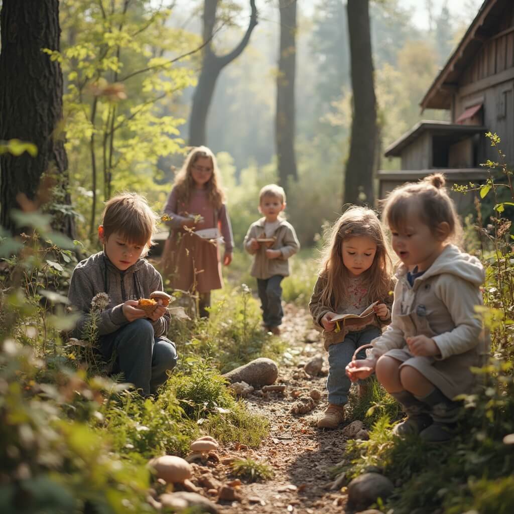 Waarom Deze 50 Jaar Oude Kinderboerderij de Goudse Hofsteden Nog Steeds Families Verrast Children participating in outdoor learning at a farm, engaged in mushroom hunting and exploring the hedgehog trail, while adults facilitate hands-on workshops, surrounded by nature, wooden signs, and interactive elements.