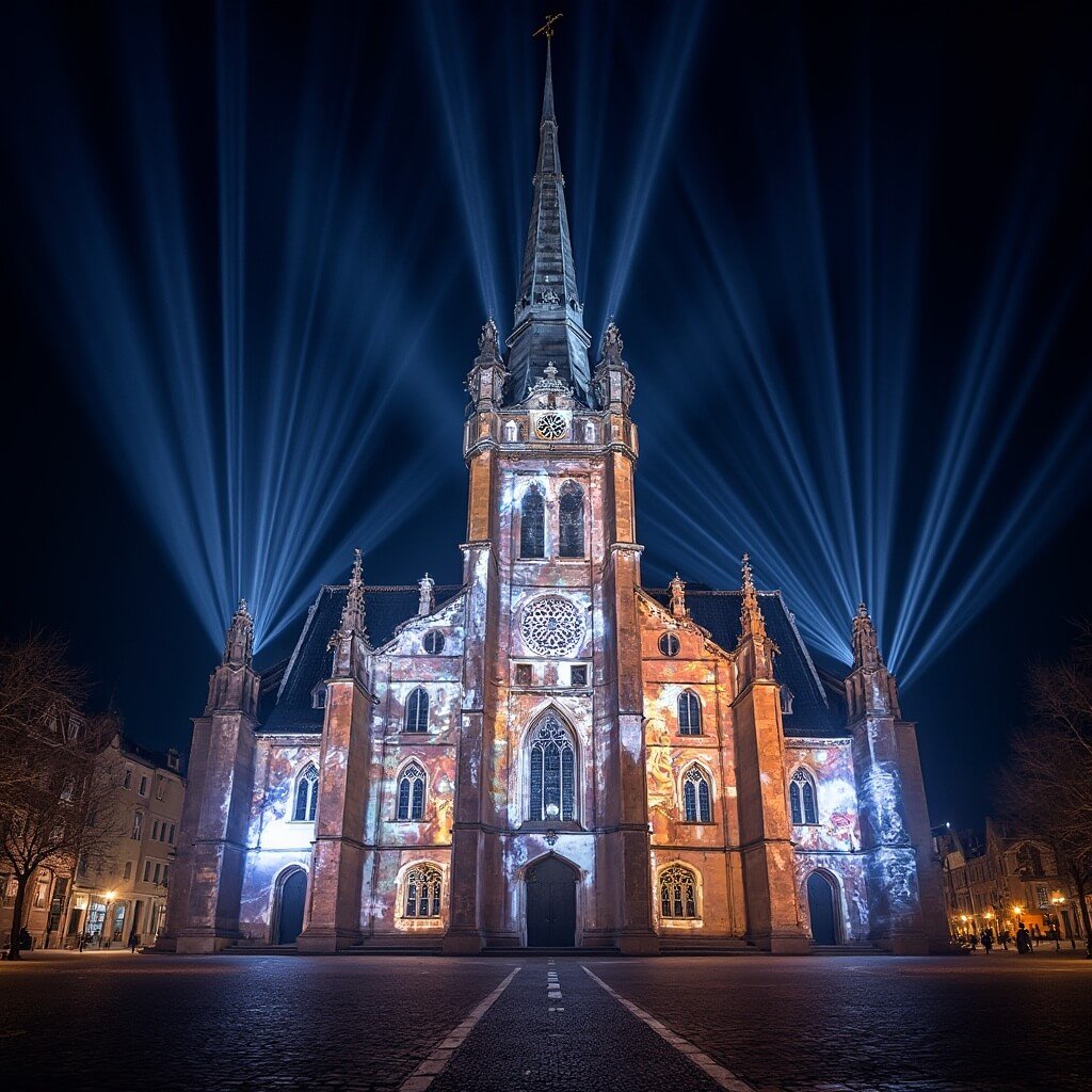 The Genius Behind "The Light" - Why This Theme Trilogy Changed Everything Indrukwekkende architectuurfotografie van de Sint-Catharinakerk tijdens het GLOW Eindhoven lichtkunstfestival, met krachtige lasers die door de nachtelijke lucht snijden en massale projecties die de historische gevel van de kerk herinterpreteren met gesynchroniseerde animaties die licht als verbindende kracht vieren.