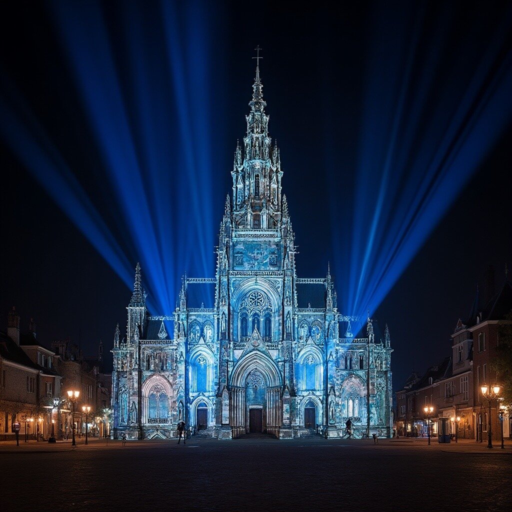 The Genius Behind "The Light" - Why This Theme Trilogy Changed Everything Stunning architectural photography of Sint-Catharinakerk illuminated by powerful lasers during GLOW Eindhoven, showcasing dynamic projections that transform the church's facade into a vibrant digital artwork celebrating light and cultural innovation.