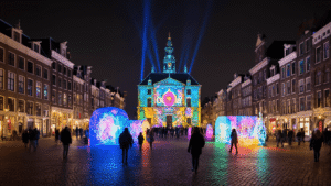 The Genius Behind "The Light" - Why This Theme Trilogy Changed Everything A vibrant nighttime scene at the GLOW Eindhoven light festival, showcasing colorful digital projections on historic buildings, interactive light installations illuminating cobblestone streets, crowds engaging with glowing art pieces, sensor-responsive lights reacting to movement, and powerful laser beams cutting through the night sky above the transformed urban space.