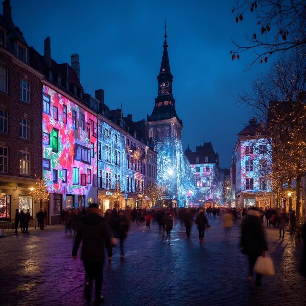 The Genius Behind "The Light" - Why This Theme Trilogy Changed Everything Professionele avondfotografie van Stadhuisplein tijdens het GLOW Eindhoven festival, met interactieve lichtinstallaties die het historische plein transformeren in een digitale speelplaats, terwijl sensor-gebaseerde projecties over gebouwgevels dansen en menigten door de verlichte ruimte bewegen, wat cascading kleuren en geometrische patronen activeert.