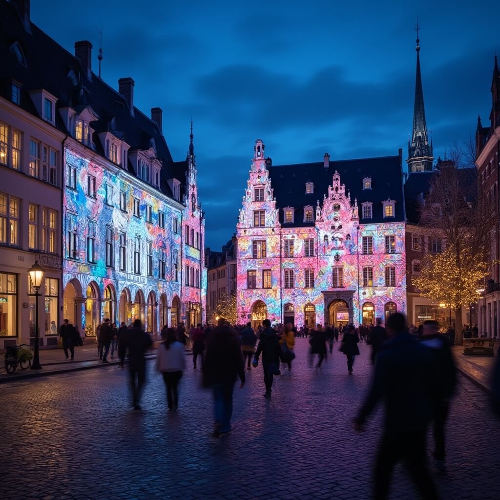 The Genius Behind "The Light" - Why This Theme Trilogy Changed Everything Professional evening photography of Stadhuisplein during the GLOW Eindhoven festival, showcasing interactive light installations and sensor-based projections that create a vibrant digital playground filled with colorful geometric patterns and crowds engaging with the illuminated environment.