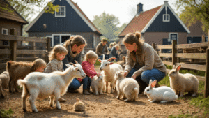 Waarom Deze 50 Jaar Oude Kinderboerderij de Goudse Hofsteden Nog Steeds Families Verrast A serene children's farm scene featuring families with young children interacting with friendly goats, sheep, and rabbits in low enclosures, surrounded by traditional Dutch farm buildings, with parents observing and educational signage present.