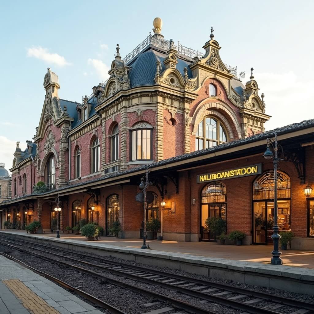 Waarom het Spoorwegmuseum Utrecht het meest onderschatte familieuitje van Nederland is Professionele foto van de historische Maliebaanstation in Utrecht, met de prachtig gerestaureerde 19e-eeuwse spoorwegarchitectuur in gouden uurlichting, waarbij het klassieke baksteenwerk, de gebogen ramen en decoratieve elementen worden benadrukt, omgeven door goed onderhouden landschap en historische spoorrails.