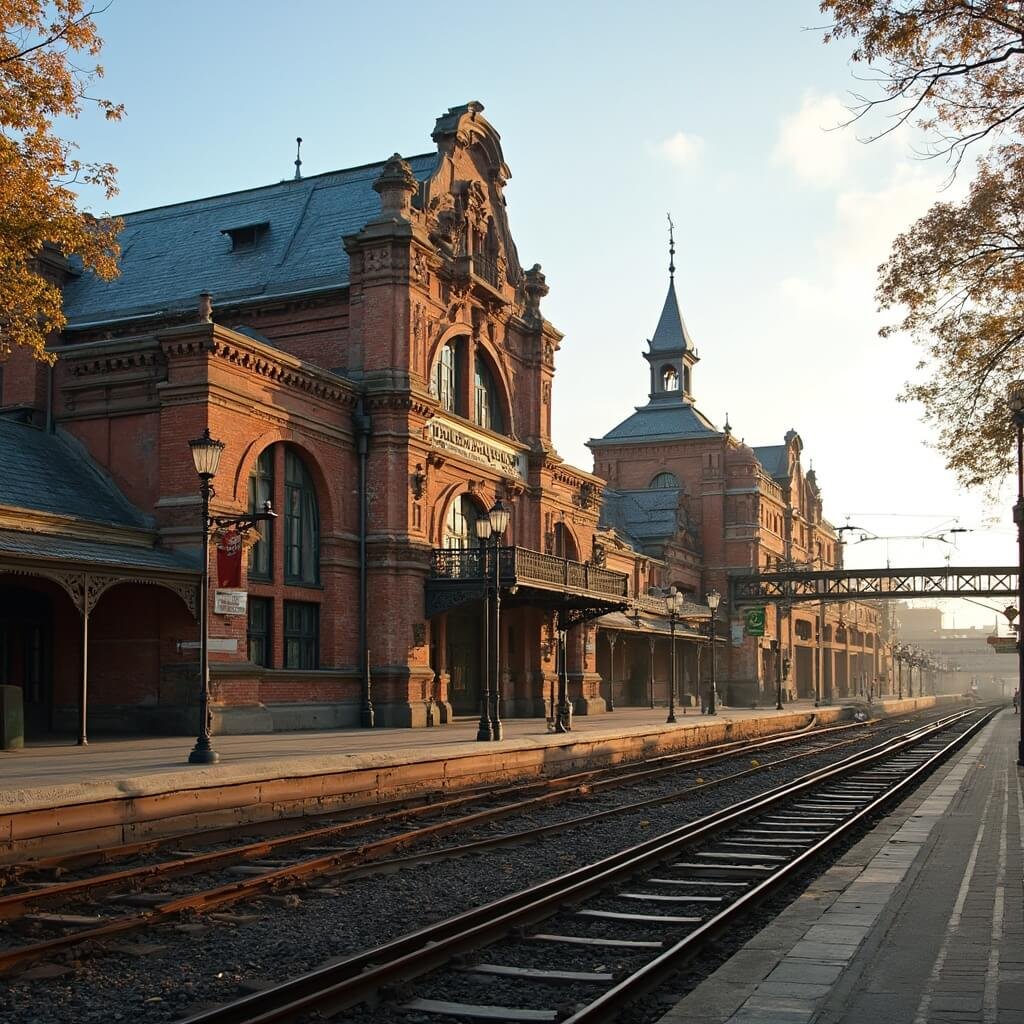 Waarom het Spoorwegmuseum Utrecht het meest onderschatte familieuitje van Nederland is A professional photograph of the historic Maliebaanstation in Utrecht, showcasing its grand Victorian-era facade and ornate details during golden hour. The image highlights the elegant brickwork, arched windows, and vintage platform area with railway tracks, surrounded by well-maintained landscaping and period lampposts, evoking the luxury of 19th-century train travel.