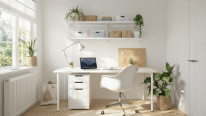 Kleine Kantoorruimte Efficiënt Inrichten: Van Chaos naar Productiviteit Fotorealistisch thuiskantoor van 2x3 meter met wit zit-sta bureau, zwevende planken, en gouden ochtendlicht, ingericht met natuurlijke materialen en minimalistische meubels.