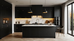 Waarom donkere keukens zo verslavend zijn Fotorealistisch interieur van een luxe donkere keuken met matte zwarte kasten, roestvrijstalen handgrepen en wit Carrara marmeren werkbladen, verlicht door warm gouden avondlicht en LED-strips, met lichte eiken visgraat vloeren en moderne hanglampen, gevangen vanuit de eetkamer in driekwart aanzicht.