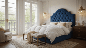 Hoe je een dromerige blauwe slaapkamer inricht die je nooit meer wilt verlaten Fotorealistische luxe slaapkamer met marineblauw fluwelen hoofdeinde, gouden accenten, zachte linnen lakens, donker walnoot nachtkastjes, kristallen lampen, romig Perzisch tapijt, poederblauwe muren, grote kamerplant en warme sfeerverlichting.