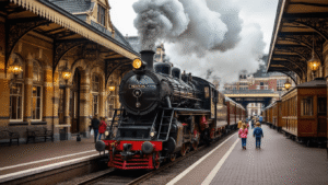 Waarom het Spoorwegmuseum Utrecht het meest onderschatte familieuitje van Nederland is A vintage steam locomotive with white smoke at Maliebaanstation in Utrecht, showcasing ornate 19th-century architecture and families exploring restored royal train carriages, with antique chandeliers and classic railway elements that reflect the grandeur of golden age rail travel.