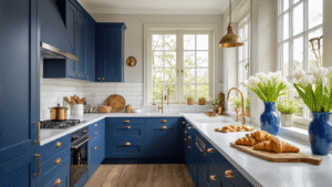 Zo Style Je De Perfecte Blauwe Keuken: Van Droom Tot Werkelijkheid Fotorealistische Nederlandse keuken met marineblauwe shakerkasten, messing hardware en wit quartz werkblad, verlicht door warm zonlicht. Eiken visgraatvloer, verse witte tulpen in blauwe vaas, koperen pannen en croissants op een houten snijplank. Driekwart perspectief met zachte cinematische belichting en rijke texturen.