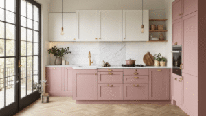 De Roze Keuken: Waarom Deze Trendy Kleur Je Thuis Compleet Transformeert Moderne keuken met dusty rose onderkasten, witte bovenkasten, Carrara marmeren werkblad en gouden hardware, warm houten vloer en natuurlijk licht.